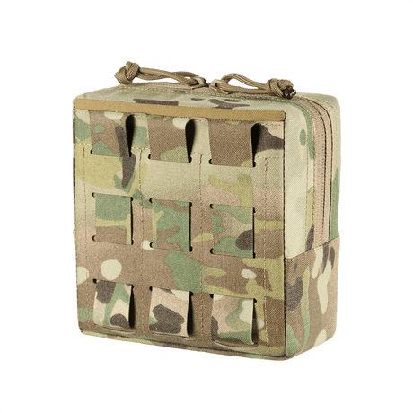 M-Tac Utility Pouch Elite Small, slitesterk Cordura 500D-veske med MOLLE-grensesnitt for EDC-utstyr, sett forfra, kamuflasjemønster.