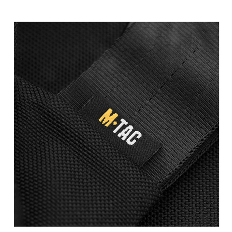 M-Tac Carry Sling Taske Elite Gen.IV med Velcro i svart nylon med fokus på merkelogo og materiale, galleri posisjon 1.