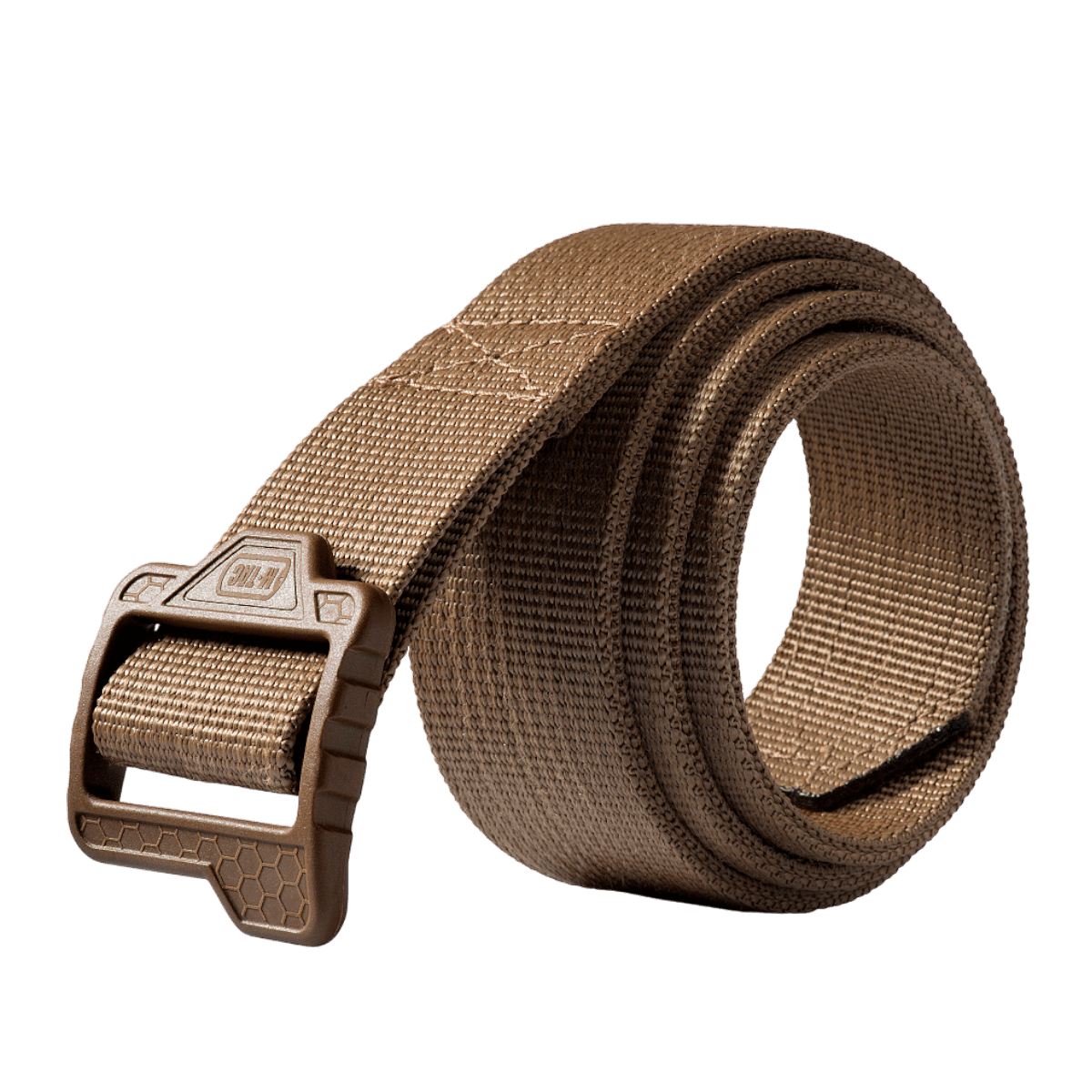 M-Tac Double Duty Taktisk Bælte Hex i brun, ideel til både hverdagsbrug og taktisk udstyr, lavet af slidstærkt nylon for komfort og styrke.