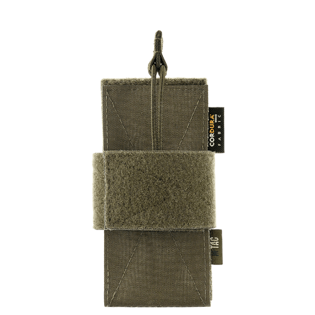 M-Tac CCW-hylster – modulært universelt hylster i khakifarget Cordura med velcro-hook og loop, galleri posisjon 1 for diskret utstyrsbæring.