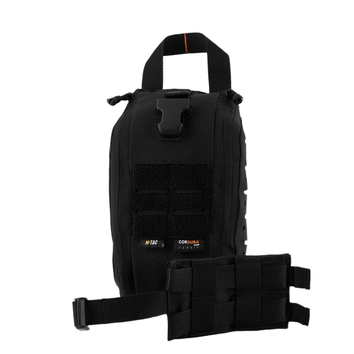 M-Tac Medical Pouch Elite Rip Off i sort med håndtag og elastiske stropper til hurtig adgang, designet til taktiske situationer.