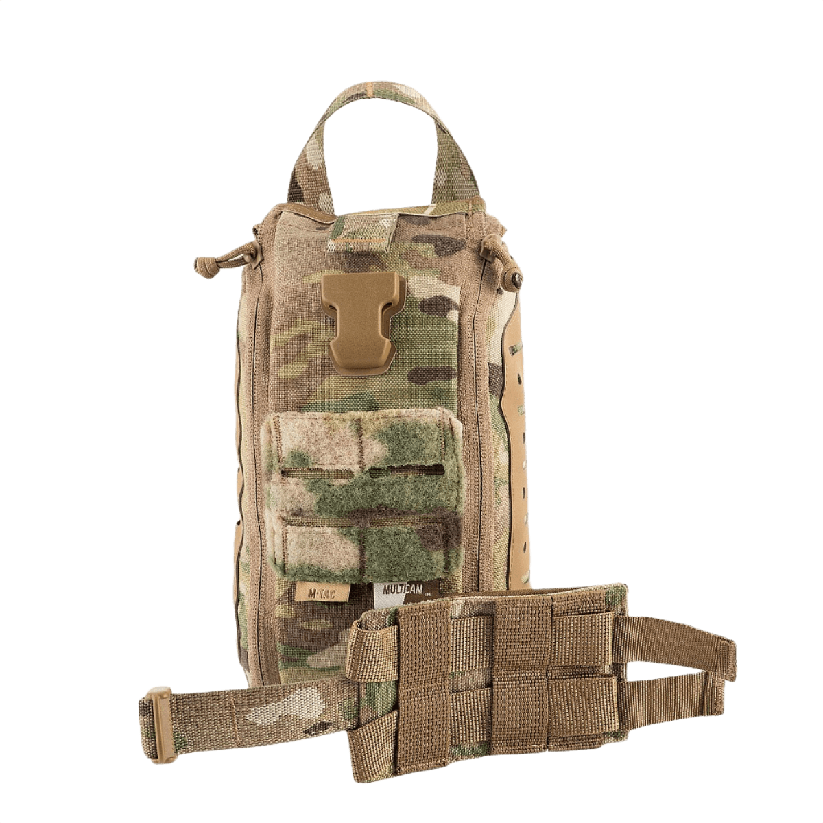 M-Tac Medical Pouch Elite Rip Off i camouflage design med pænt organiseret indhold, ideel til hurtig adgang i nødsituationer.