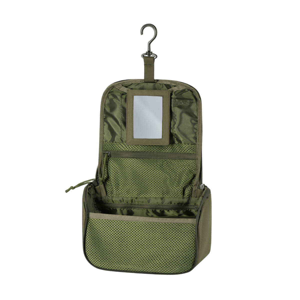 M-Tac Toilettaske i 600D polyester, åben med flere rum og krog, perfekt til opbevaring af hygiejneartikler. Flot og praktisk design.