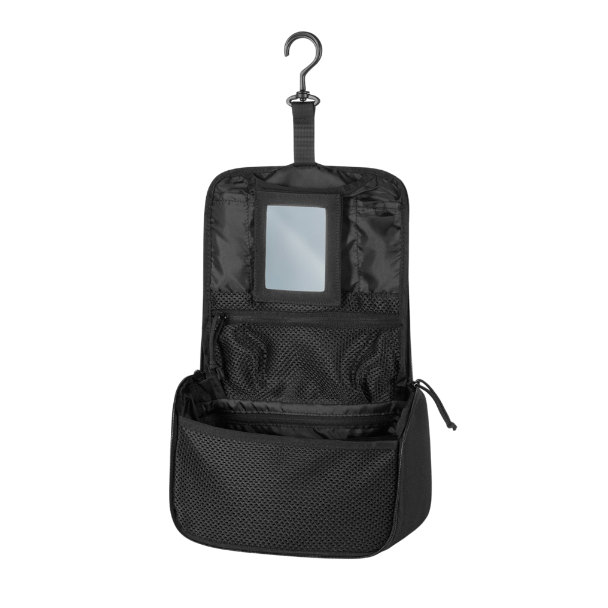 M-Tac Toilettaske i sort, åben visning med opbevaringsrum og krog. Perfekt til rejser og opbevaring af hygiejneartikler.