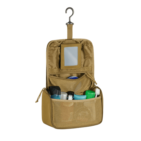 M-Tac toalettmappe i vannavvisende polyester, perfekt for tannbørste og kremer, ideell for reise og oppbevaring. Kompakt design, beige farge.