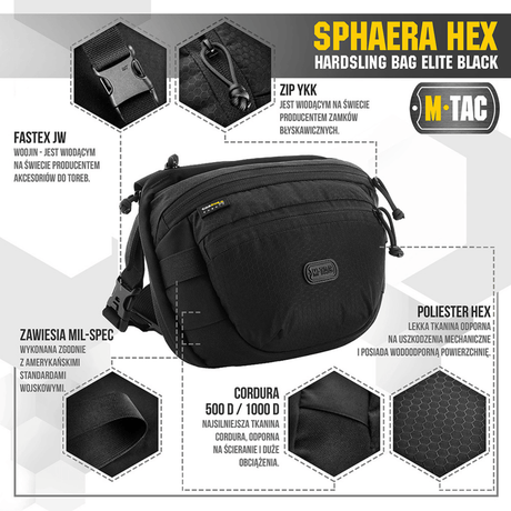 M-Tac Sphaera Hex Hardsling Bag i svart med modulært system og skjult våpenrom, laget av Cordura/Hex polyester, med glidelåser og fastex-fester.
