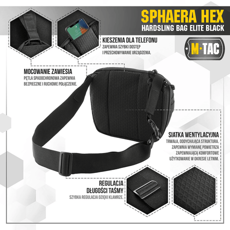Svart M-Tac Sphaera Hex Hardsling Bag med telefonlomme, ventilert nettrygg og modulære fester, ideell for komfortabel bæring.