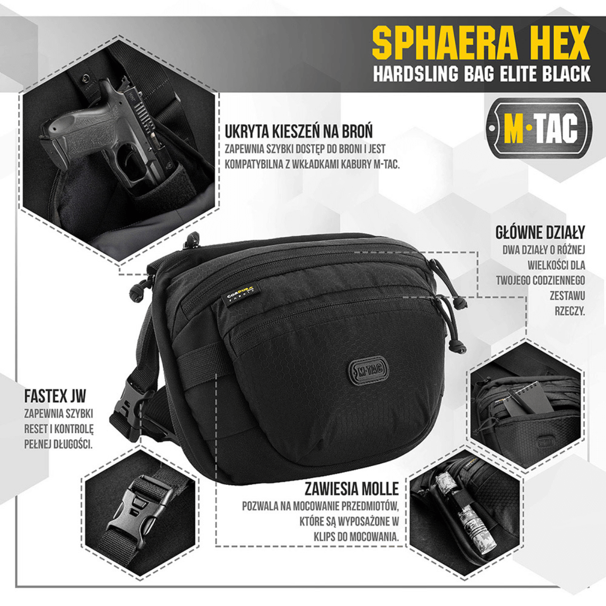 M-Tac Sphaera Hex Hardsling Bag i sort med skjult våbenrum og modulsystem, lavet af robust Cordura/Hex polyester.