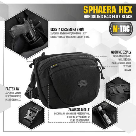 M-Tac Sphaera Hex Hardsling Bag i svart med skjult våpenrom og modulsystem, laget av robust Cordura/Hex polyester.