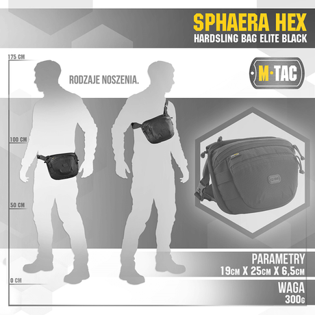 M-Tac Sphaera Hex Hardsling Bag, kompakt skulder- eller belteveske med modulsystem og skjult våpenrom, svart design.