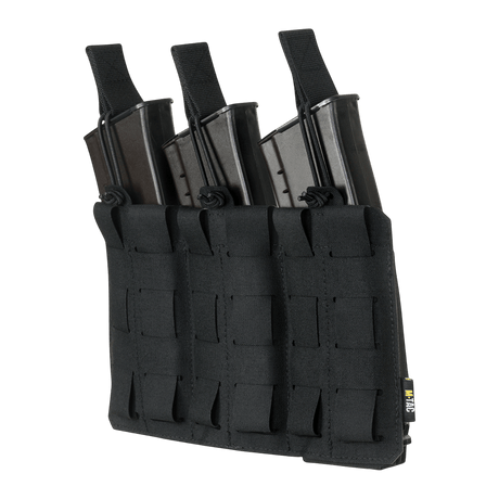 M‑Tac Elastisk Triple Magazine Pouch Elite i svart med plass til tre AK/AR-magasiner, laget av robust Cordura 500D med MOLLE Laser Cut. Kompakt design.