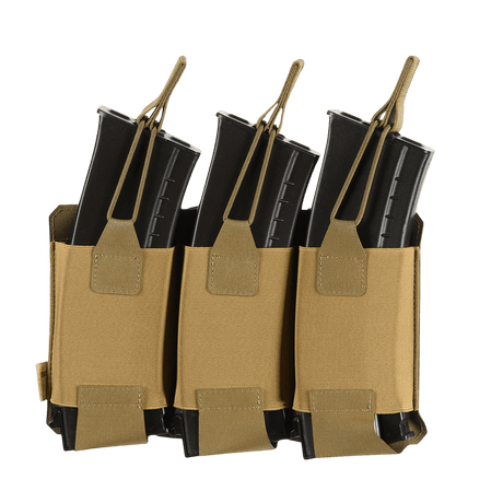 M‑Tac Elastisk Triple Magazine Pouch Elite i beige, rommer tre magasiner, designet for sikker oppbevaring og rask tilgang i feltet.