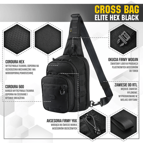 M‑Tac Cross Bag Elite Hex i sort, Cordura 500-materiale, perfekt for daglig bruk og taktisk utstyr, med MIL-SPEC-fester og YKK-lynlåser.