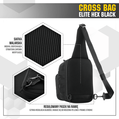 M‑Tac Cross Bag Elite Hex, sort slingveske for én skulder, laget av Cordura 500, perfekt for daglig og taktisk bruk.