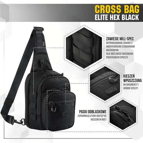 M‑Tac Cross Bag Elite Hex, en praktisk slingveske i sort med MIL-SPEC-stropper og YKK-lynlåser, ideell for daglig bruk og taktisk utstyr.