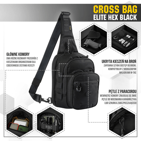 M‑Tac Cross Bag Elite Hex i sort, en taktisk veske med justerbare stropper og flere oppbevaringsrom for daglig bruk og utstyr.