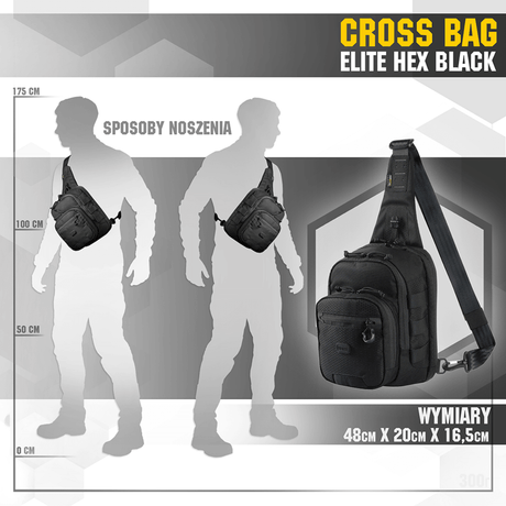 M‑Tac Cross Bag Elite Hex i sort med dimensjoner 48x20x16,5 cm. Perfekt som slingveske med taktisk design.