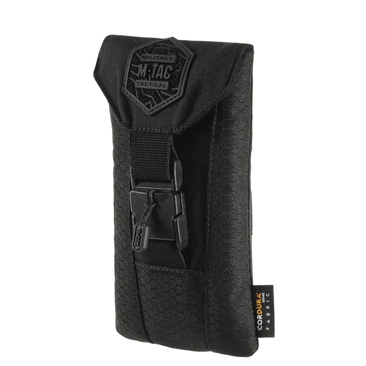 M-Tac Smartphone Lomme Elite Large Hex, slidstærkt CORDURA materiale, sort hex-mønster, magnetisk spænde, op til 6,5 tommer telefoner.