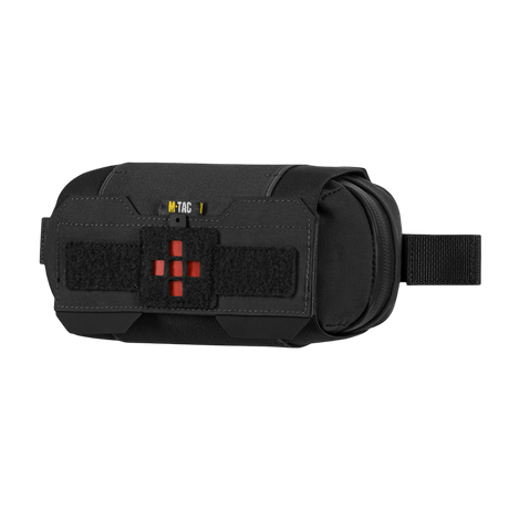M‑Tac Horizontal Medical Pouch Elite i svart med organizer til IFAK og paracord-loop, laget av holdbart Cordura 500D materiale.