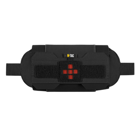 M‑Tac Horizontal Medical Pouch Elite i svart med røde kors-merker, holdbart Cordura 500D-materiale for feltførstehjelp.
