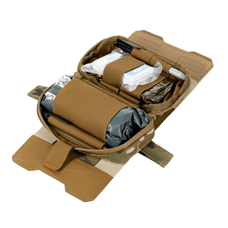 M‑Tac Horizontal Medical Pouch Elite med organizer, åpnet visning med førstehjelpsutstyr, Cordura 500D-materiale, militært feltkit.