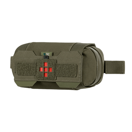 M‑Tac Horizontal Medical Pouch Elite i olivengrønt Cordura 500D materiale med YKK AquaGuard glidelås, sett fra siden.
