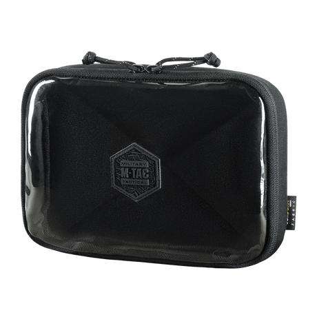 M-Tac Utility Organizer Slim Elite i svart Cordura 500D-materiale med gjennomsiktig PVC-forvegg for rask gjenstandsidentifikasjon.