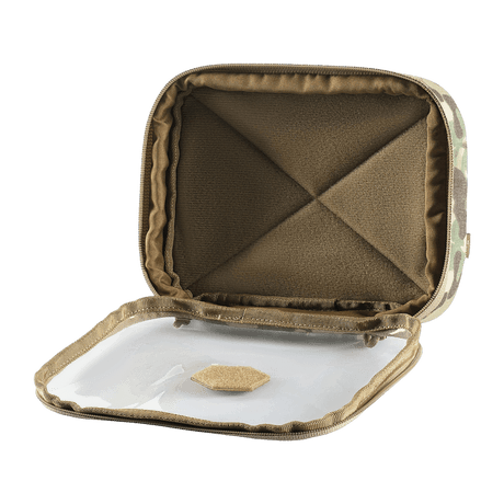 Åpnet M-Tac Utility Organizer Slim Elite med gjennomsiktig PVC-front, ideell for sikker oppbevaring av EDC-kit og nødvendigheter, laget av Cordura 500D.