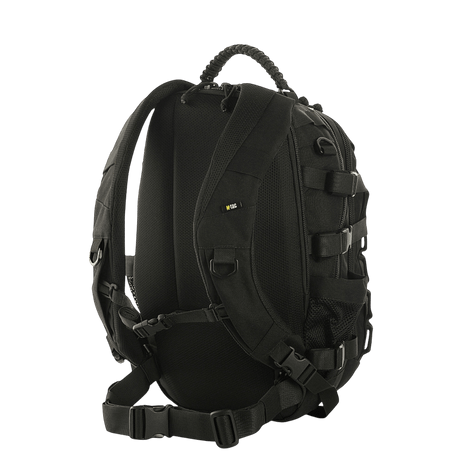 M-Tac Mission Pack Elite ryggsekk i svart Cordura 1000D med ergonomisk design og MOLLE-system bakfra.
