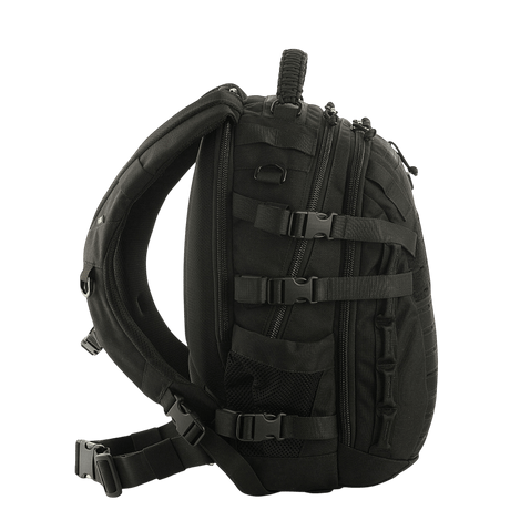 Sort M-Tac Mission Pack Elite ryggsekk med ergonomisk design, laget av slitesterkt Cordura 1000D med MOLLE LASER CUT-system.