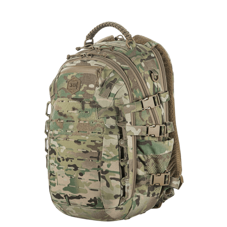 M-Tac Mission Pack Elite ryggsekk i camouflagemønster med ergonomisk design og MOLLE LASER CUT-system for økt volum.