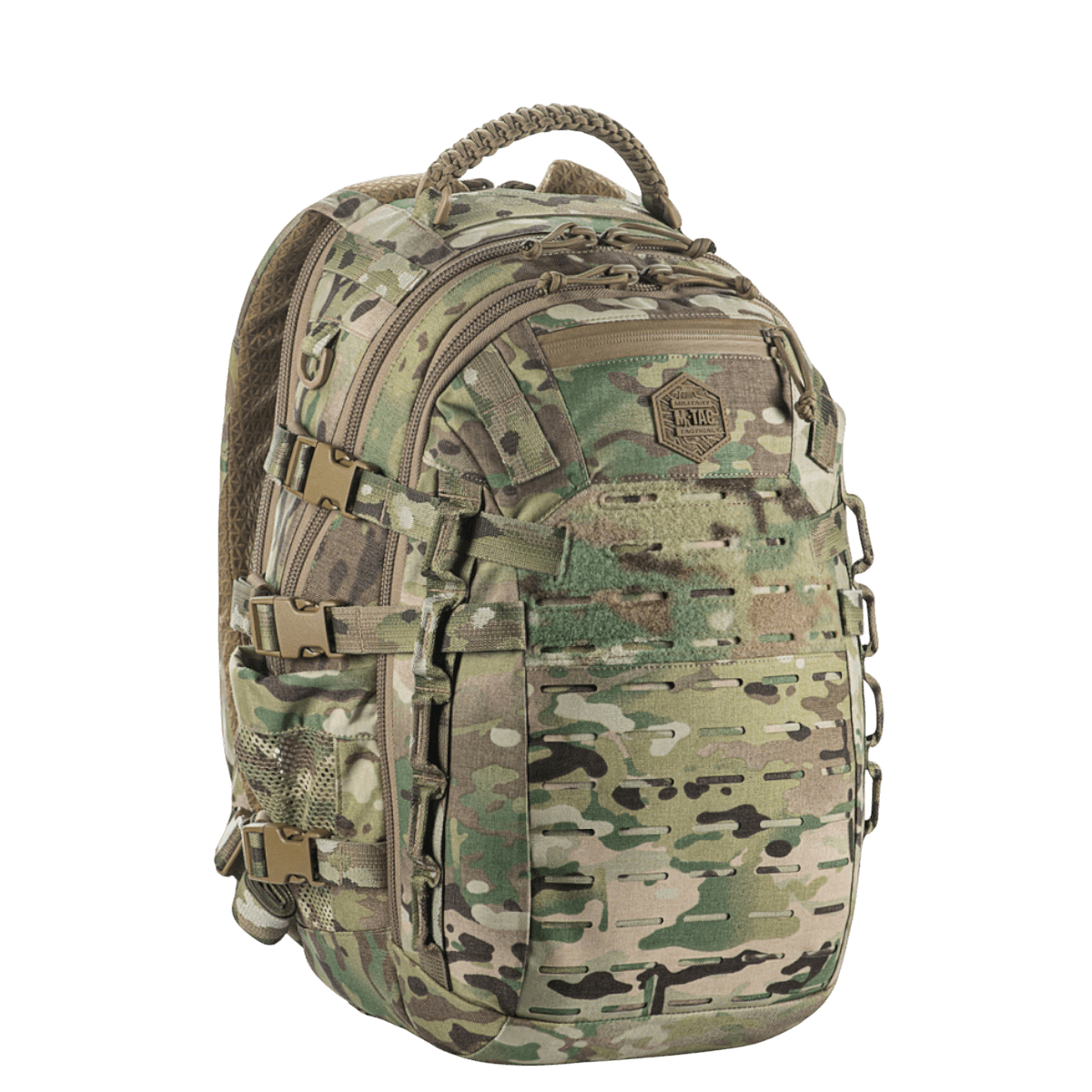 M-Tac Mission Pack Elite rygsæk i Cordura 1000D med MOLLE LASER CUT, ergonomisk og slidstærk design til mekanisk beskyttelse.