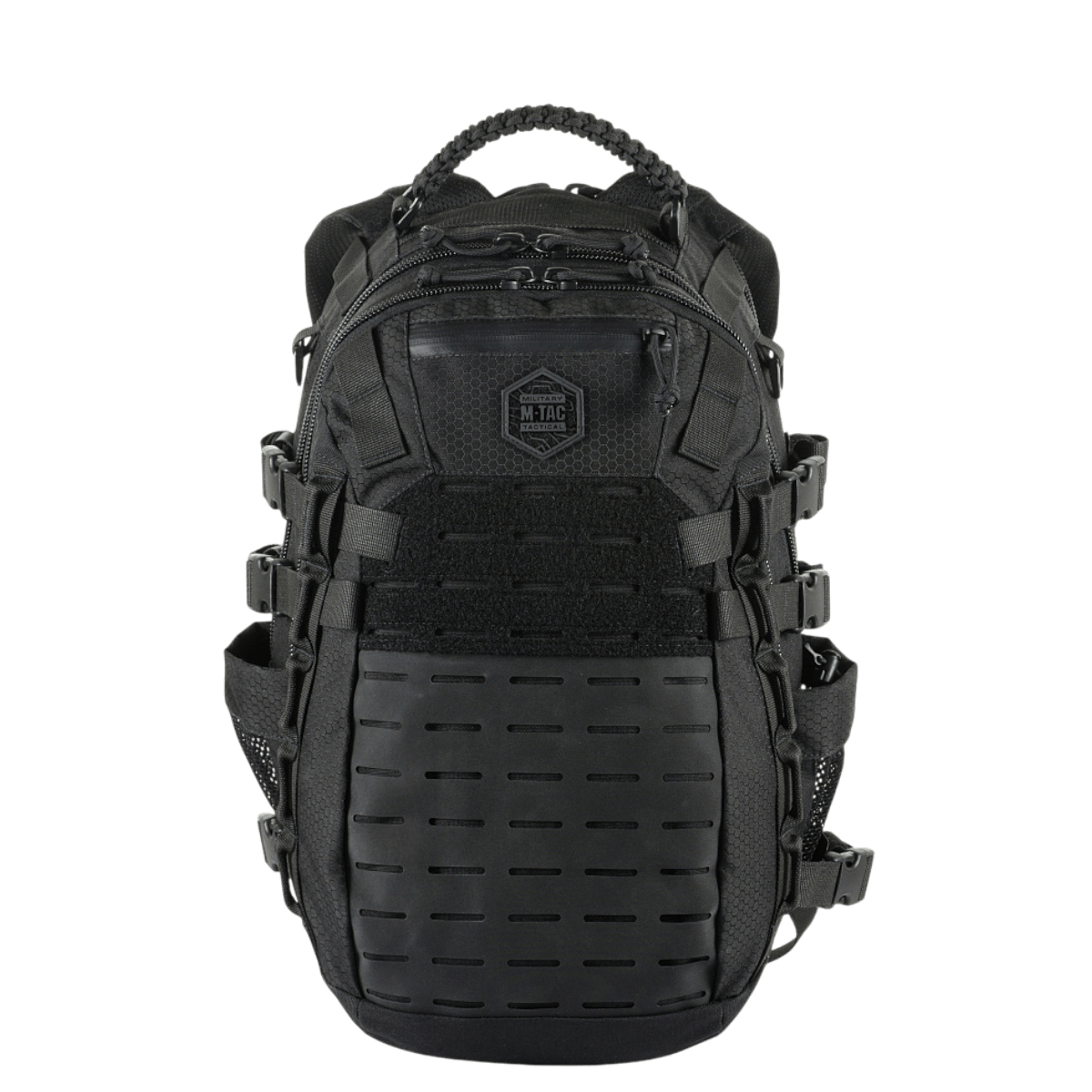 M-Tac Mission Rygsæk Elite Hex i sort med ergonomisk design og MOLLE LASER CUT-system, lavet af holdbar Cordura Hex 1000D.