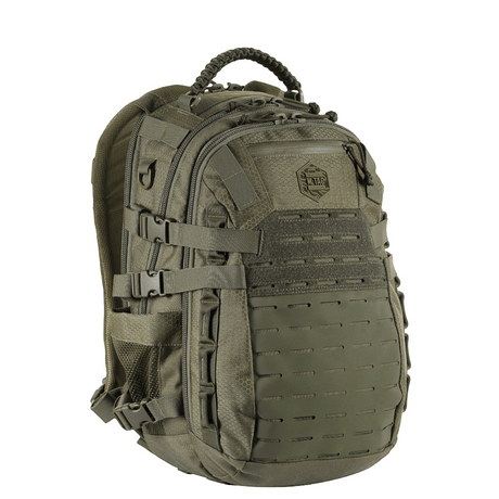 M-Tac Mission Rygsæk Elite Hex i olivengrønn Cordura med LASER CUT-system for utvidelse, ergonomisk designet for holdbarhet og funksjonalitet.