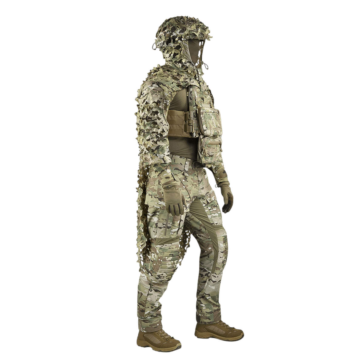 M-Tac Alder Camouflage Suit i ujævnt terræn, designet til snigskytte med letvægts rip-stop materiale, optimal til kampmissioner.