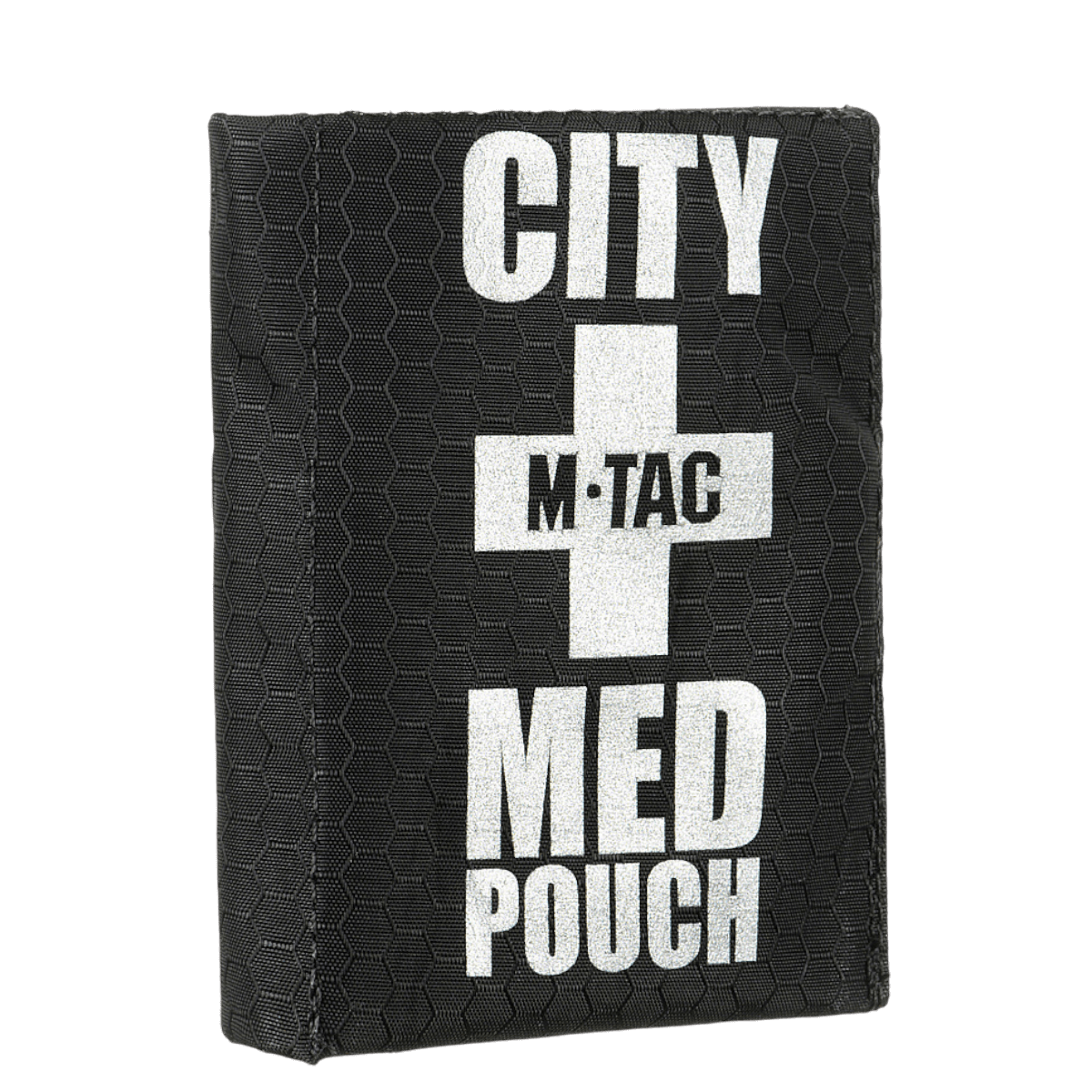 Alt Tag: M-Tac City Med Pouch Hex i sort, bærbart førstehjælpskit lavet af holdbart Hex Polyester med medicinsk kors og M-Tac logo.