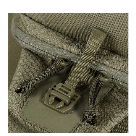 Detalj av Cordura-materiale og YKK-lynlåser på M-Tac Cross Taske Slim Elite Hex.