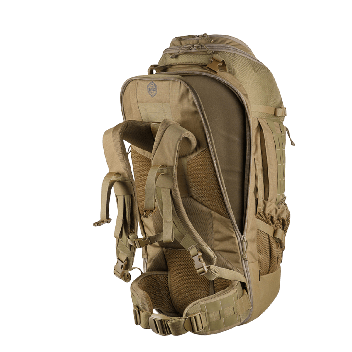 M-Tac Rygsæk Large Elite Hex Gen. IV i sandfarvet Cordura materiale set bagfra, viser ergonomisk design og holdbarhed.