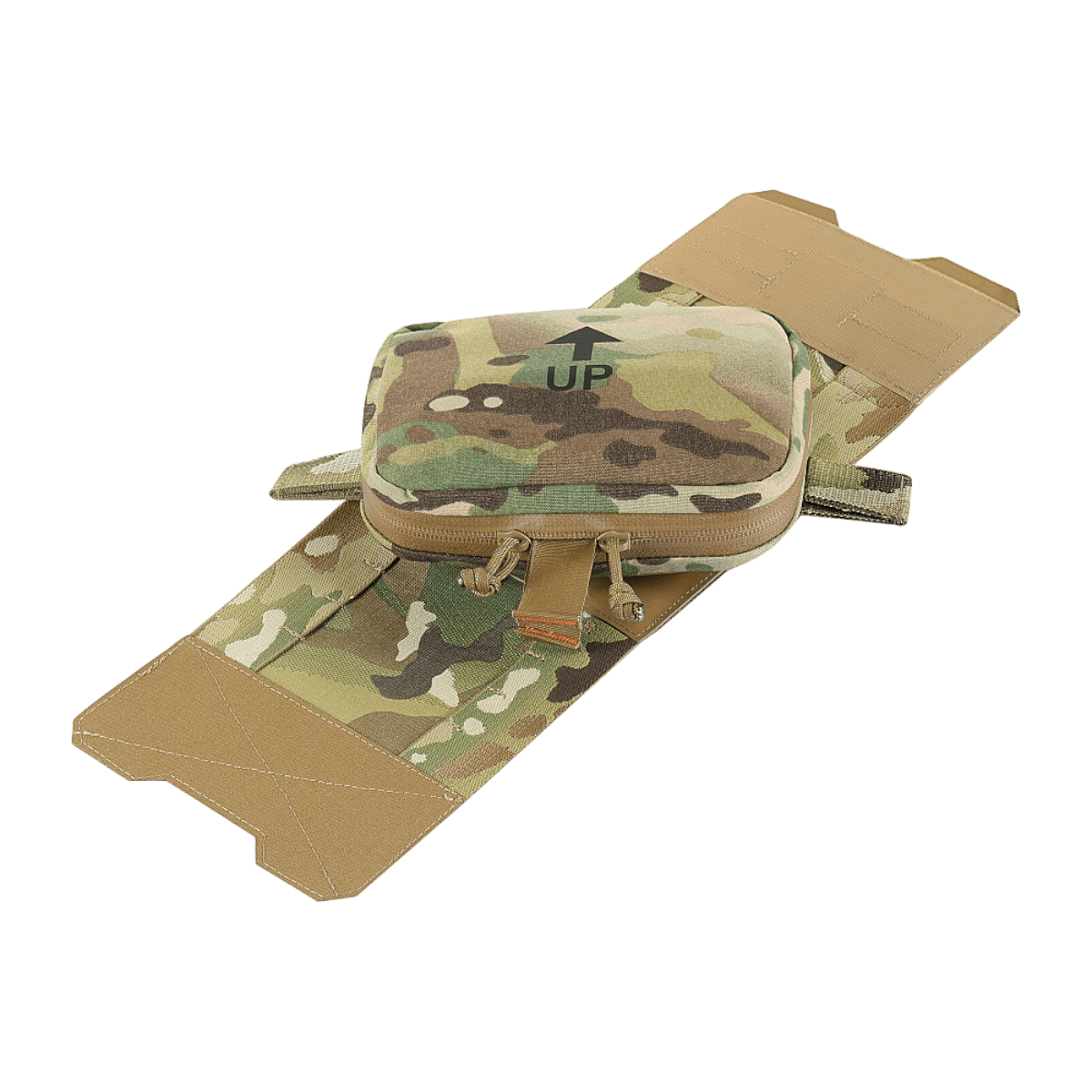 M-Tac Horisontal Medic Lomme Large Elite i slidstærkt Cordura 500D materiale, viser taske med camouflage-mønster og lynlås.