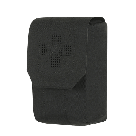 M‑Tac Medic Pouch Vertical Large Elite i svart Cordura med MOLLE-interface og elastiske innervegger for sikker oppbevaring av førstehjelpsutstyr.