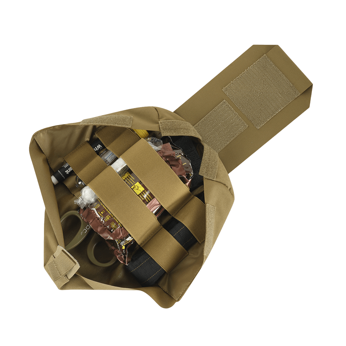 M‑Tac Medic Pouch Vertical Large Elite viser åben medicintaske med organiseret førstehjælpsudstyr, Cordura 500D materiale.