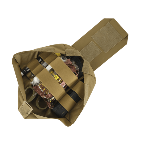 M‑Tac Medic Pouch Vertical Large Elite viser åpen medisinkoffert med organisert førstehjelpsutstyr, Cordura 500D-materiale.