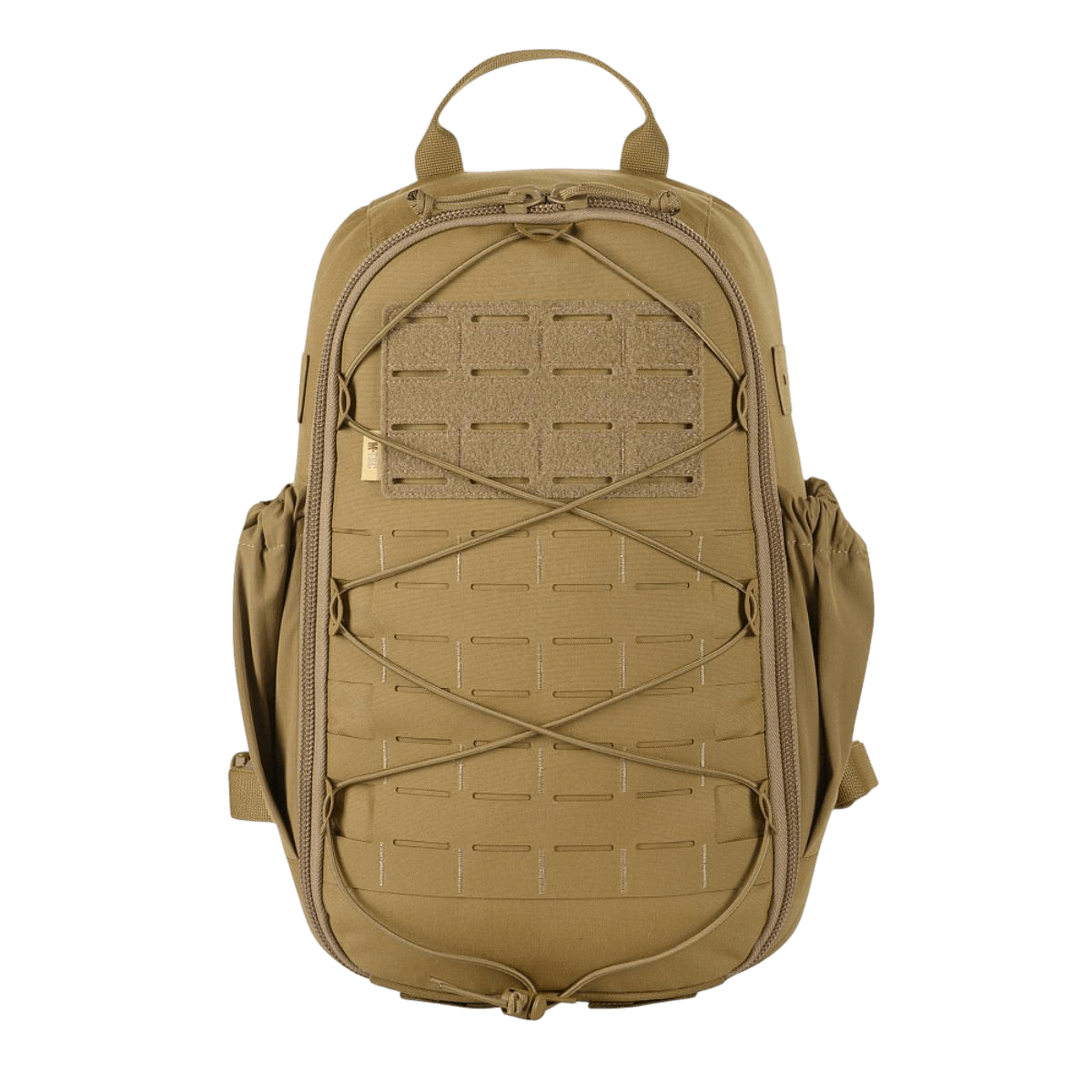 M-Tac STURM Elite Rygsæk i beige med MOLLE Laser Cut frontpanel og elastiske sidelommer, lavet af holdbart Cordura-materiale.