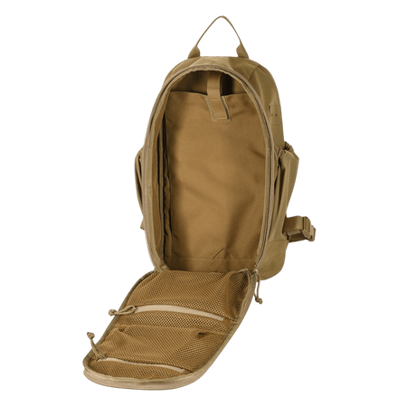 Åpen brun M-Tac STURM Elite ryggsekk i Cordura med romslig hovedrom, laserskåret MOLLE-system og kvalitetsbeslag, 15 liter.