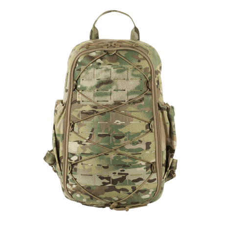 M-Tac STURM Elite ryggsekk i camouflage med MOLLE Laser Cut-frontpanel og elastiske sidelommer, designet for feltbruk.