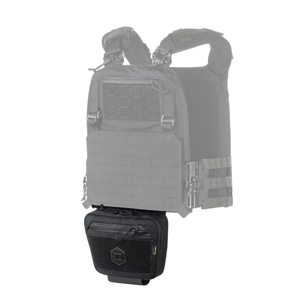 Sort M-Tac Large Elite Gen.II Skuldertaske fastgjort til taktisk vest, fremstillet af Cordura 500D for høj slidstyrke, med YKK lynlåse.