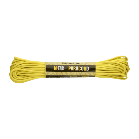 M‑Tac Paracord 550 Type III 15 m i gul farge, sterk og allsidig nylonkord for friluftsliv og reparasjoner, lengde 15 m, diameter 4 mm.