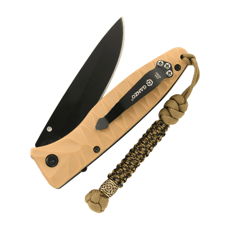 Flettet M-Tac Knife Lanyard Scandinavian i paracord, festet til sammenleggbar lommekniv, gir stil og funksjonalitet.