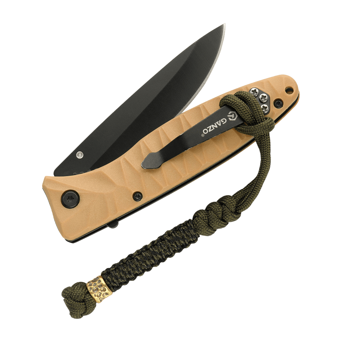 M-Tac Knife Lanyard Scandinavian Granule attached to a folded pocket knife with tan handle and black blade, showcasing paracord braid.
