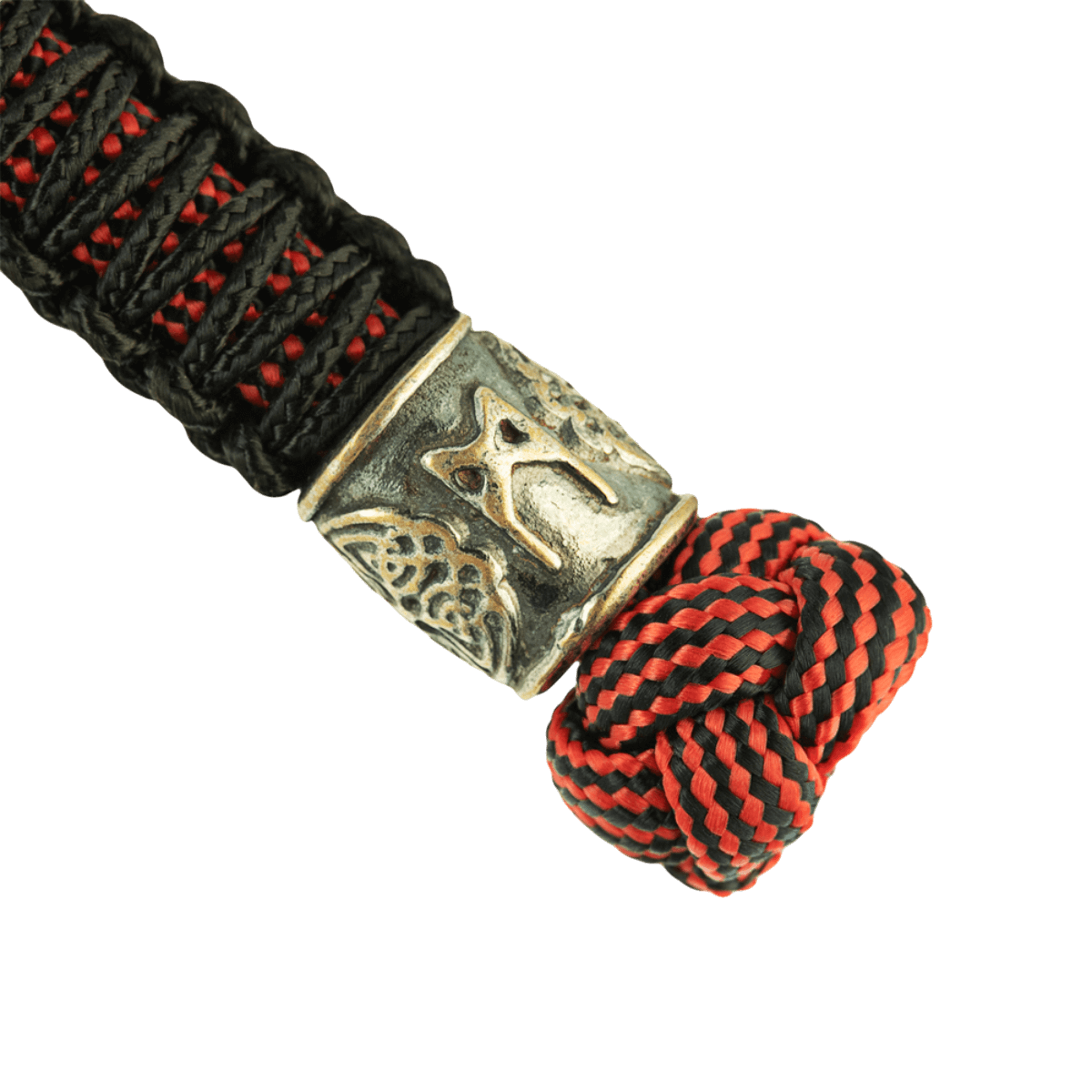 M-Tac Lanyard Scandinavian Mannaz med dekorativ perle og snoet paracord i rød og sort, ideel til knive og lommelygter.